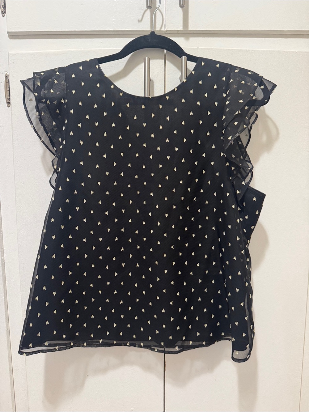 Black Heart-Print Sheer Flutter Sleeve Blouse